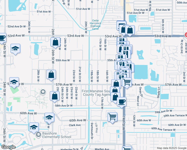 map of restaurants, bars, coffee shops, grocery stores, and more near 5518 19th Street West in Bradenton