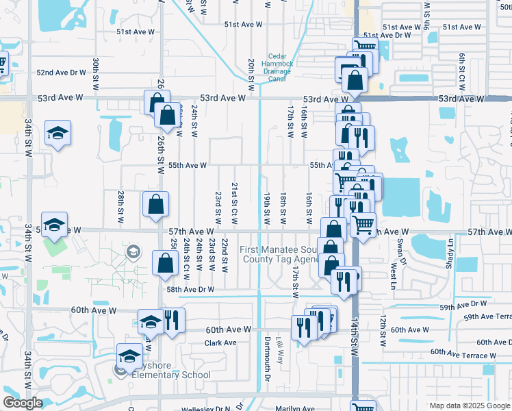 map of restaurants, bars, coffee shops, grocery stores, and more near 5518 19th Street West in Bradenton