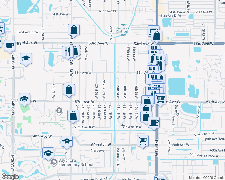 map of restaurants, bars, coffee shops, grocery stores, and more near 5532 20th Street West in Bradenton