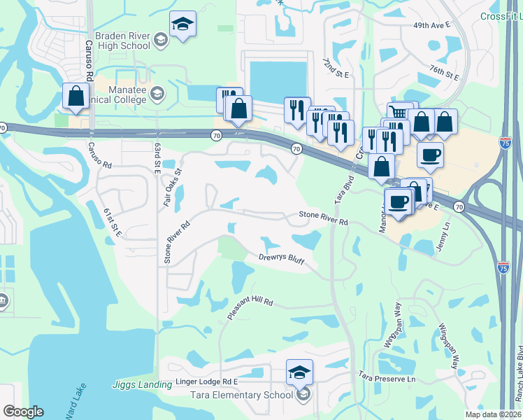 map of restaurants, bars, coffee shops, grocery stores, and more near 6707 Stone River Road in Bradenton