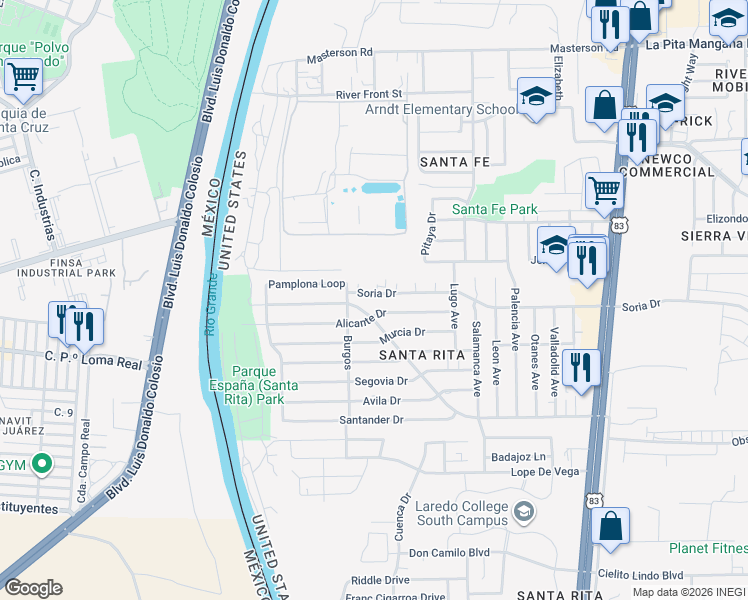 map of restaurants, bars, coffee shops, grocery stores, and more near 304 Begona Court in Laredo