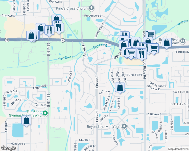 map of restaurants, bars, coffee shops, grocery stores, and more near 5511 39th Street East in Bradenton