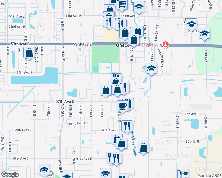 map of restaurants, bars, coffee shops, grocery stores, and more near 1323 56th Avenue Drive East in Bradenton