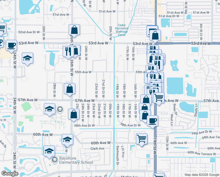 map of restaurants, bars, coffee shops, grocery stores, and more near 5532 20th Street West in Bradenton