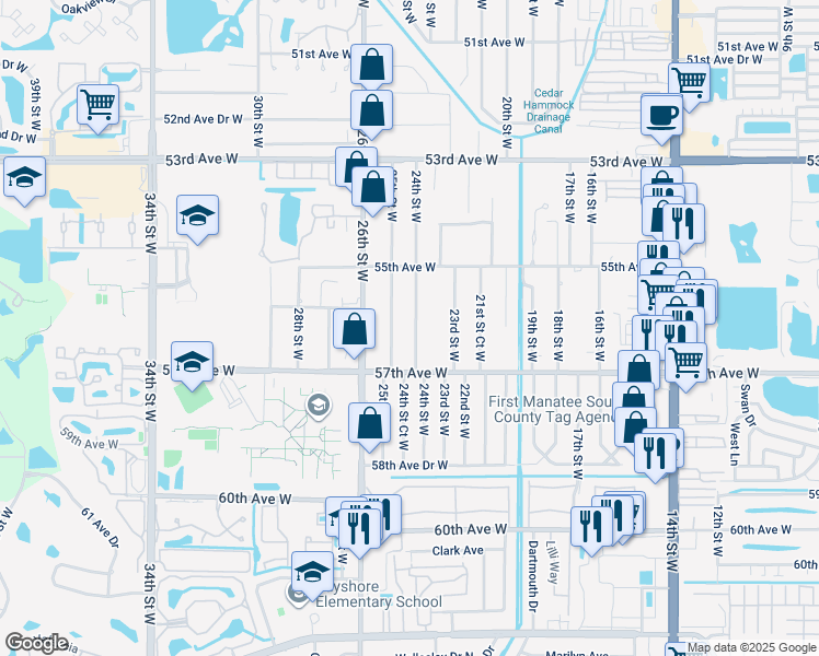map of restaurants, bars, coffee shops, grocery stores, and more near 5523 24th Street West in Bradenton
