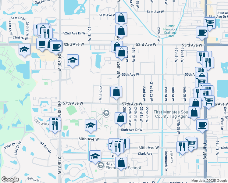 map of restaurants, bars, coffee shops, grocery stores, and more near 2615 56th Avenue West in Bradenton