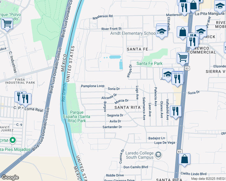 map of restaurants, bars, coffee shops, grocery stores, and more near 304 Begona Court in Laredo