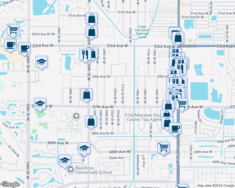map of restaurants, bars, coffee shops, grocery stores, and more near 5609 23rd Street West in Bradenton