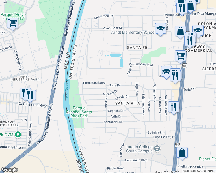 map of restaurants, bars, coffee shops, grocery stores, and more near 304 Begona Court in Laredo