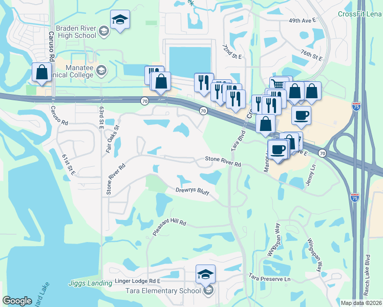 map of restaurants, bars, coffee shops, grocery stores, and more near 6901 Stone River Road in Bradenton