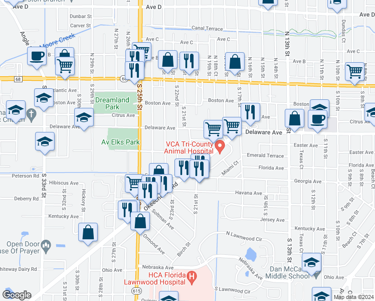 map of restaurants, bars, coffee shops, grocery stores, and more near 611 South 21st Street in Fort Pierce