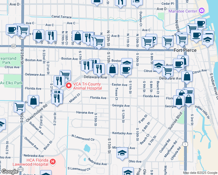 map of restaurants, bars, coffee shops, grocery stores, and more near 602 South 13th Street in Fort Pierce