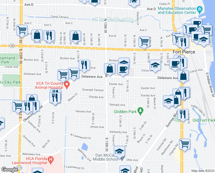 map of restaurants, bars, coffee shops, grocery stores, and more near 606 South 13th Street in Fort Pierce