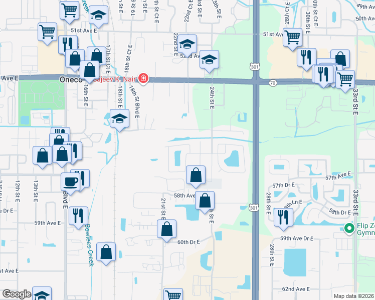 map of restaurants, bars, coffee shops, grocery stores, and more near 5528 22nd Street Court East in Bradenton