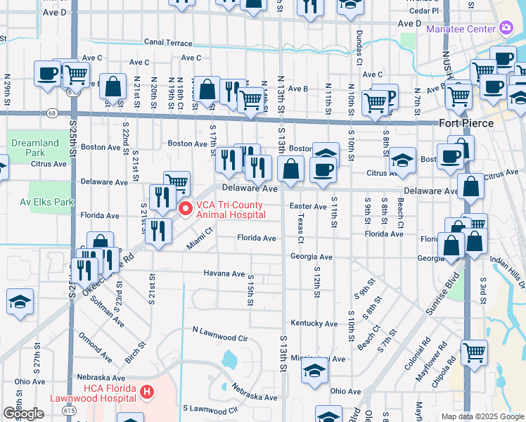 map of restaurants, bars, coffee shops, grocery stores, and more near 602 South 15th Street in Fort Pierce