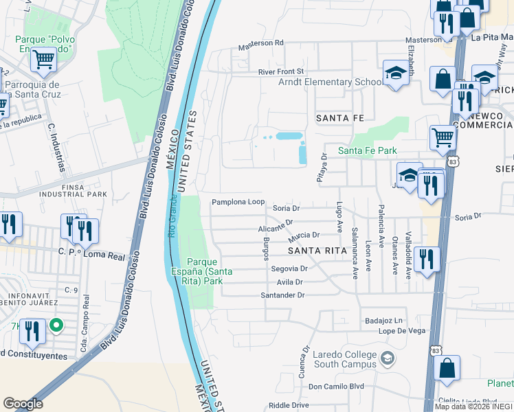map of restaurants, bars, coffee shops, grocery stores, and more near 139 Pamplona Loop in Laredo
