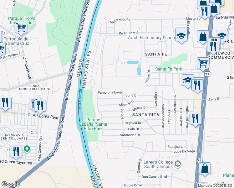 map of restaurants, bars, coffee shops, grocery stores, and more near 139 Pamplona Loop in Laredo