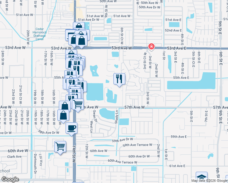 map of restaurants, bars, coffee shops, grocery stores, and more near 5620 Fountain Lake Circle in Bradenton