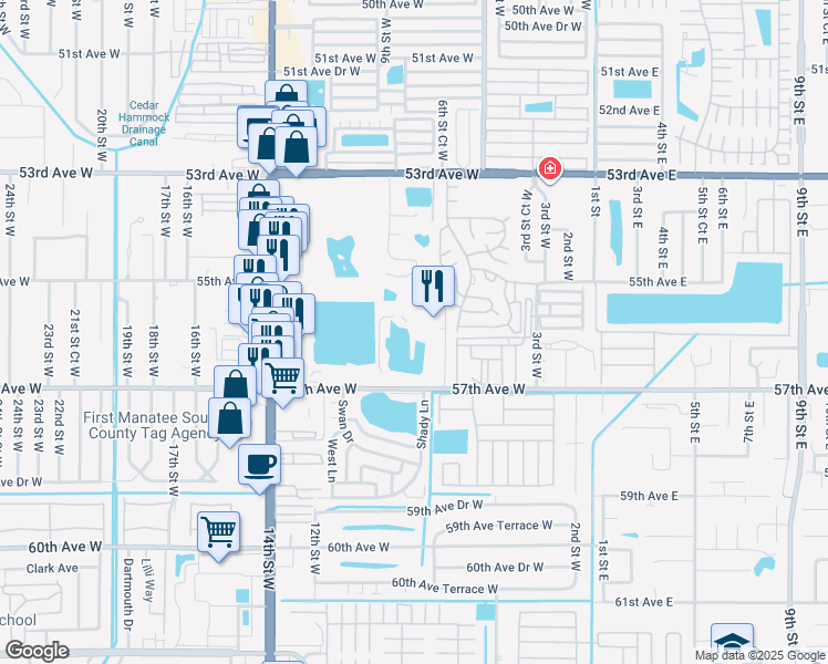map of restaurants, bars, coffee shops, grocery stores, and more near 5520 Fountain Lake Circle in Bradenton