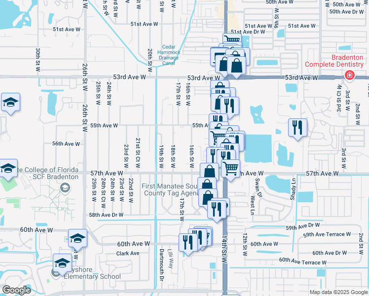 map of restaurants, bars, coffee shops, grocery stores, and more near 5513 18th Street West in Bradenton
