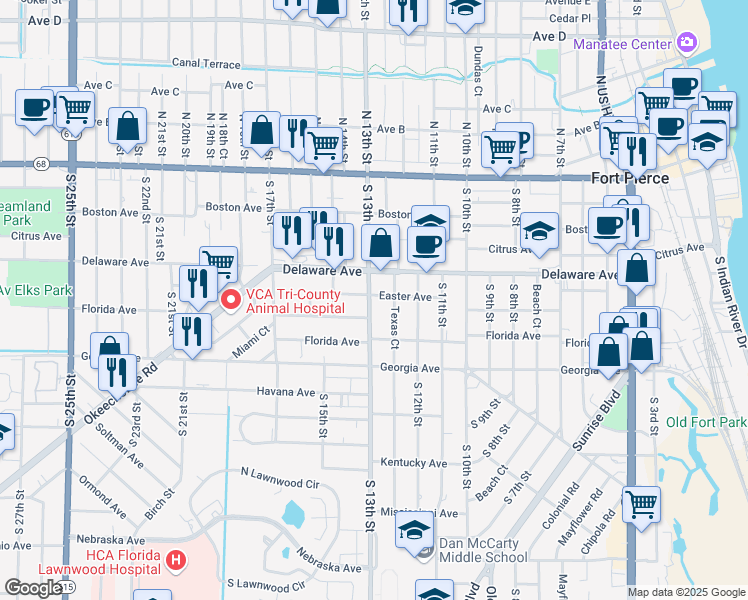 map of restaurants, bars, coffee shops, grocery stores, and more near 602 South 13th Street in Fort Pierce