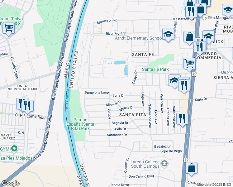 map of restaurants, bars, coffee shops, grocery stores, and more near 304 Begona Court in Laredo