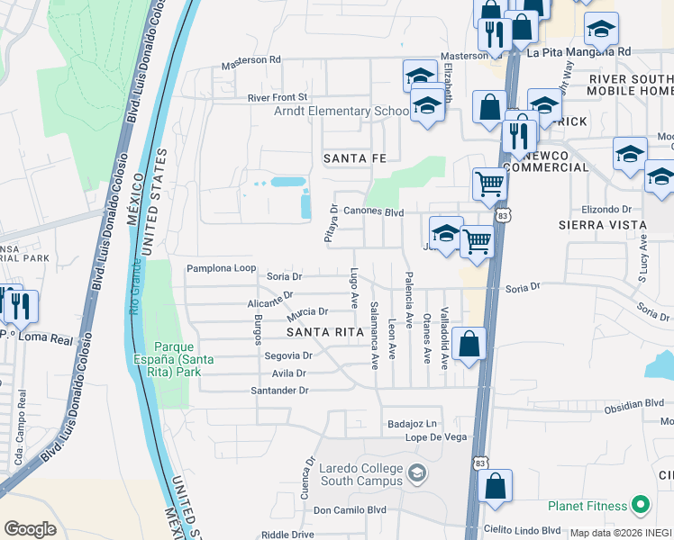 map of restaurants, bars, coffee shops, grocery stores, and more near 314 Coruna Court in Laredo