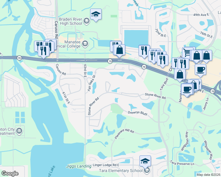 map of restaurants, bars, coffee shops, grocery stores, and more near 206 Stone River Road in Bradenton