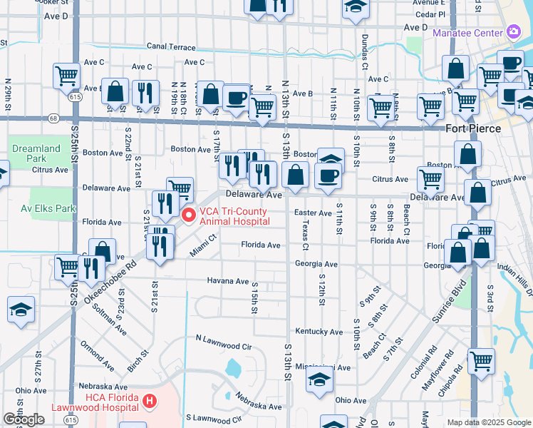 map of restaurants, bars, coffee shops, grocery stores, and more near 602 South 15th Street in Fort Pierce