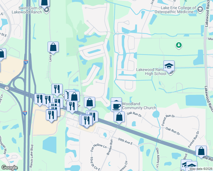 map of restaurants, bars, coffee shops, grocery stores, and more near 5305 88th Street East in Bradenton