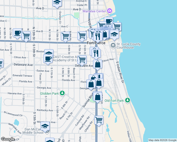map of restaurants, bars, coffee shops, grocery stores, and more near 514 South 6th Street in Fort Pierce