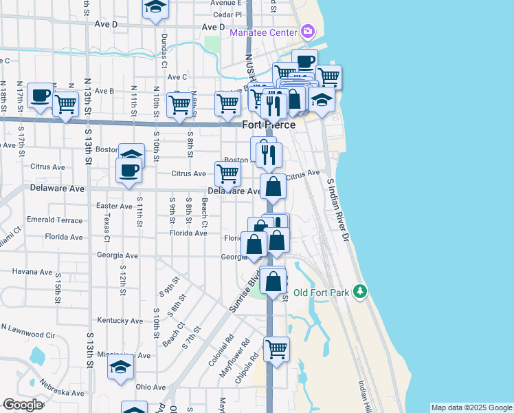 map of restaurants, bars, coffee shops, grocery stores, and more near 520 South 5th Street in Fort Pierce