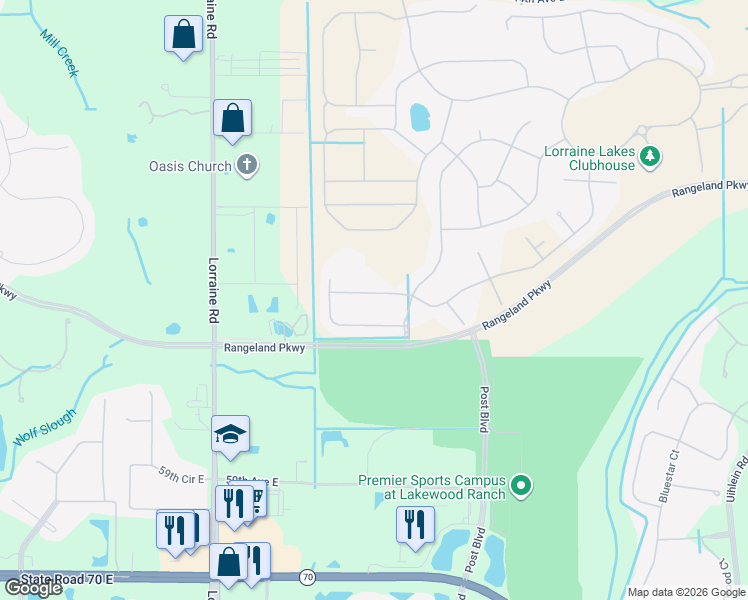 map of restaurants, bars, coffee shops, grocery stores, and more near 15210 East State Road 70 in Bradenton