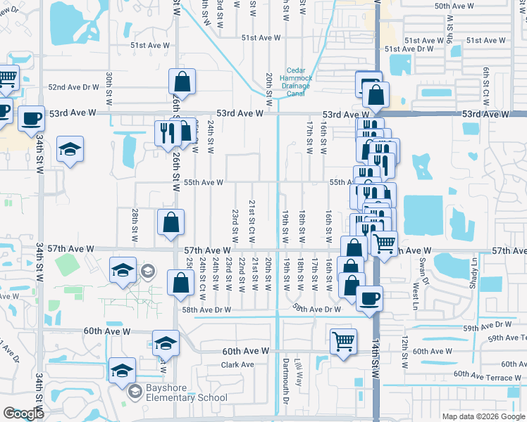 map of restaurants, bars, coffee shops, grocery stores, and more near 5532 20th Street West in Bradenton
