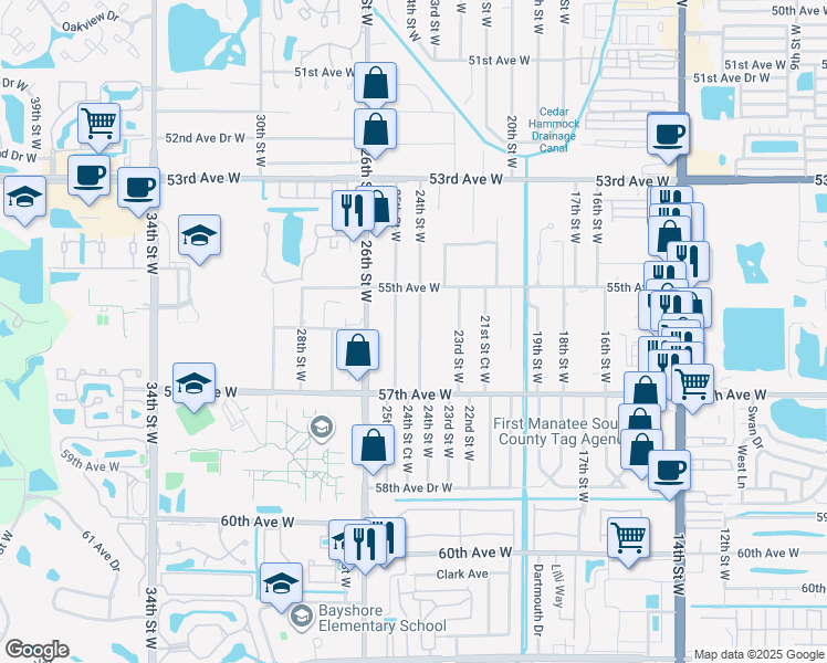 map of restaurants, bars, coffee shops, grocery stores, and more near 5523 24th Street West in Bradenton