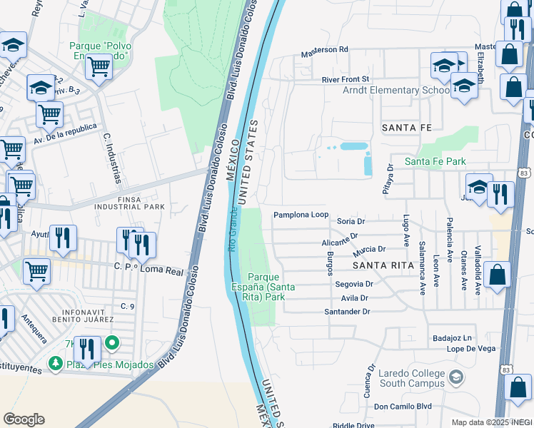 map of restaurants, bars, coffee shops, grocery stores, and more near 411 Pamplona Loop in Laredo