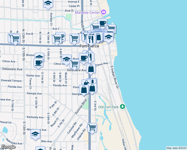 map of restaurants, bars, coffee shops, grocery stores, and more near 511 South 3rd Street in Fort Pierce