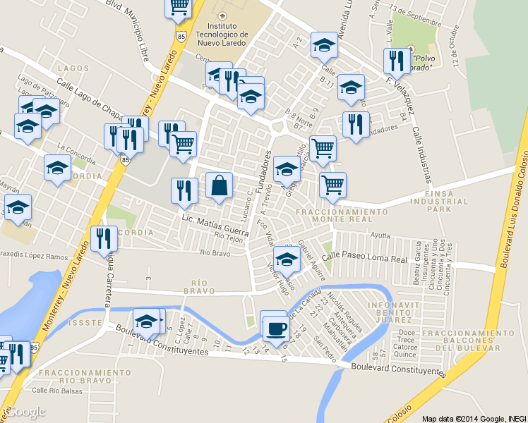 map of restaurants, bars, coffee shops, grocery stores, and more near 39 Guadalupe García in Nuevo Laredo
