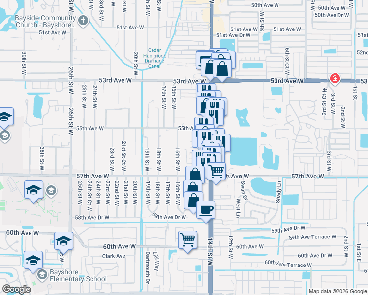 map of restaurants, bars, coffee shops, grocery stores, and more near 45B Seminole Drive in Bradenton