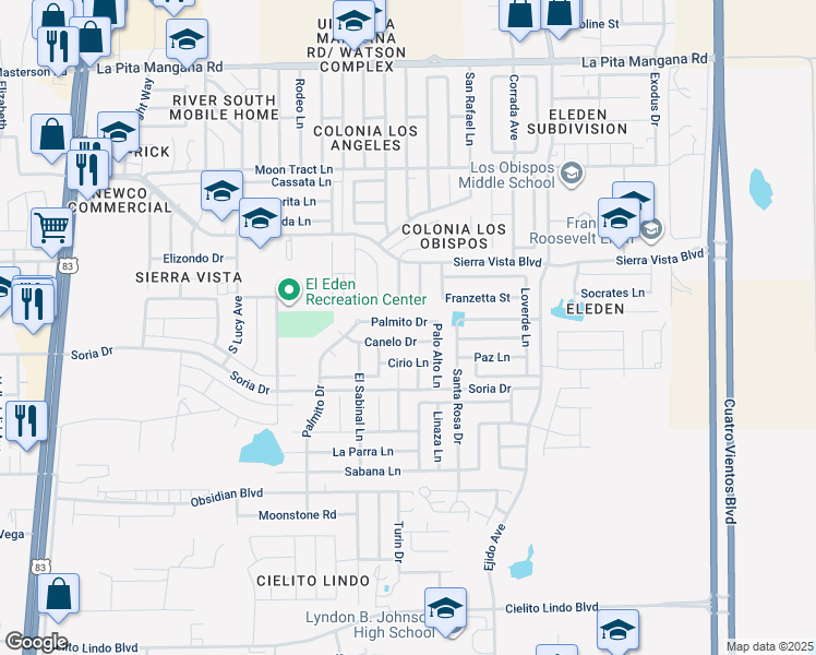 map of restaurants, bars, coffee shops, grocery stores, and more near 4703 Palmito Drive in Laredo