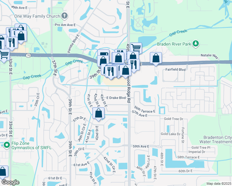 map of restaurants, bars, coffee shops, grocery stores, and more near 4408 55th Avenue Drive East in Bradenton