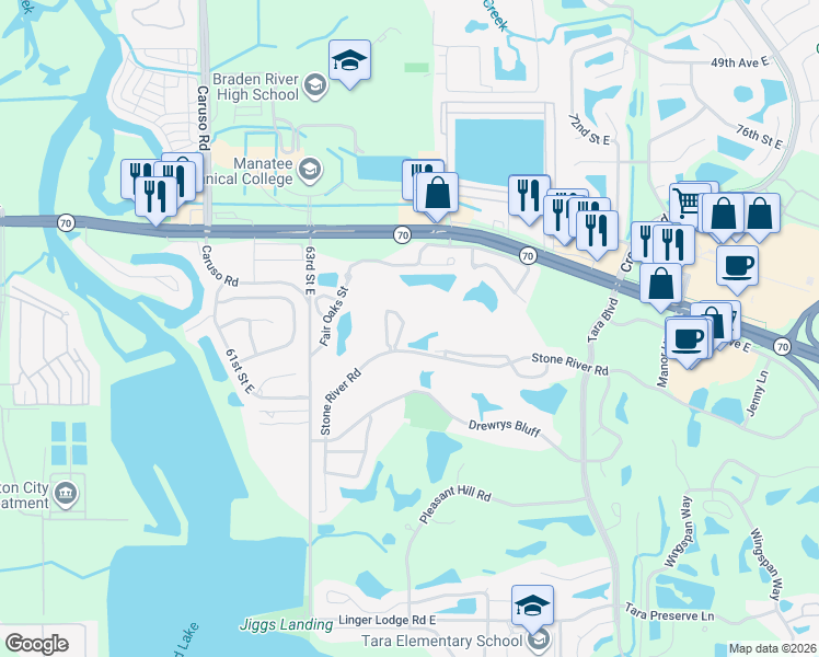 map of restaurants, bars, coffee shops, grocery stores, and more near 206 Stone River Road in Bradenton