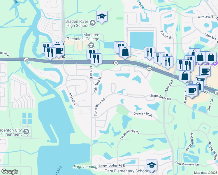 map of restaurants, bars, coffee shops, grocery stores, and more near 6501 Stone River Road in Bradenton