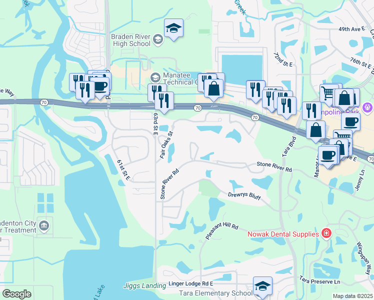 map of restaurants, bars, coffee shops, grocery stores, and more near 6501 Stone River Road in Bradenton