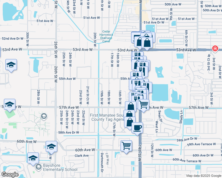 map of restaurants, bars, coffee shops, grocery stores, and more near 5513 18th Street West in Bradenton