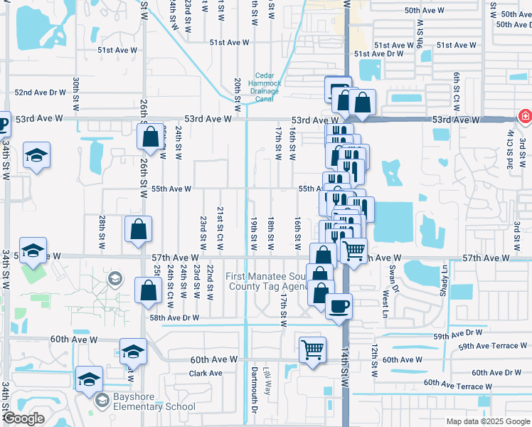 map of restaurants, bars, coffee shops, grocery stores, and more near 5518 19th Street West in Bradenton