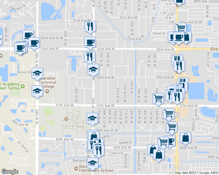 map of restaurants, bars, coffee shops, grocery stores, and more near 5523 24th Street West in Bradenton