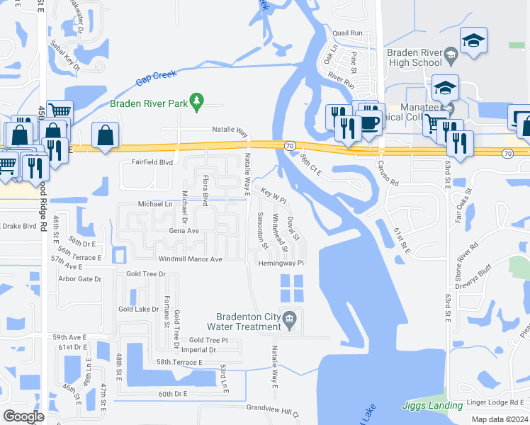 map of restaurants, bars, coffee shops, grocery stores, and more near 5523 Simonton Street in Bradenton
