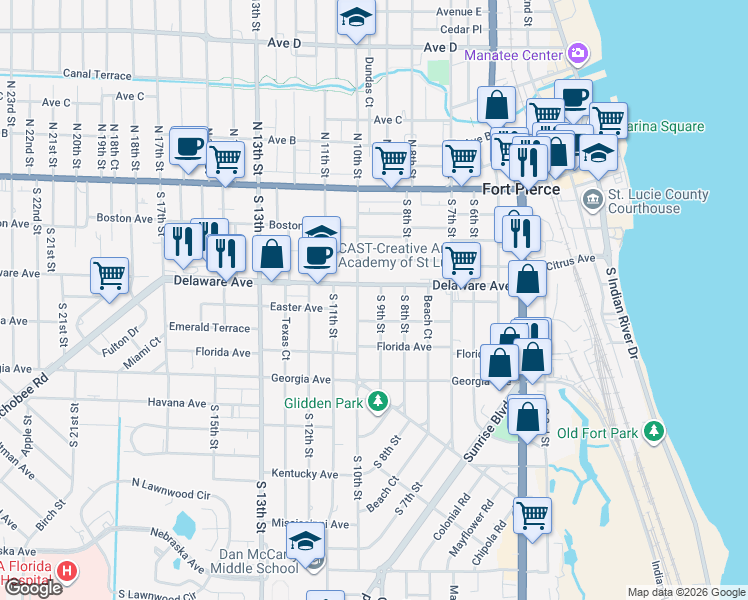 map of restaurants, bars, coffee shops, grocery stores, and more near 503 South 9th Street in Fort Pierce