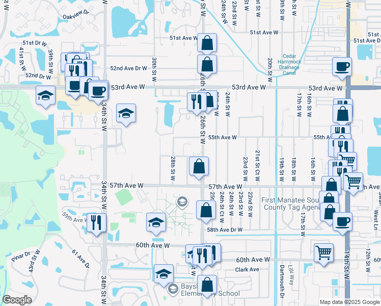 map of restaurants, bars, coffee shops, grocery stores, and more near 2615 56th Avenue West in Bradenton